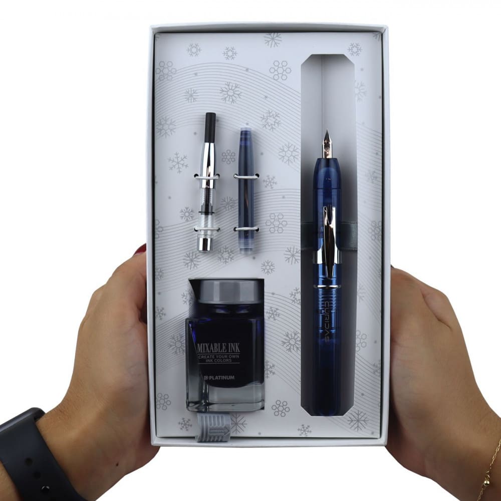 Conjunto Caneta Tinteiro Platinum Curidas F Abyss Blue Edição Limitada